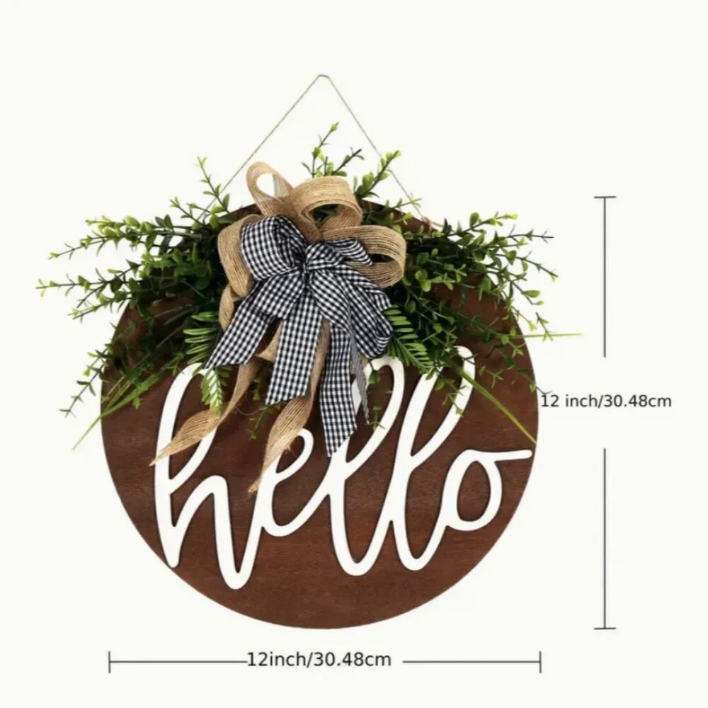 Hello Rustic Farmhouse Welcome Sign Buffalo Check Bow Wood Handmade Wreath Gift